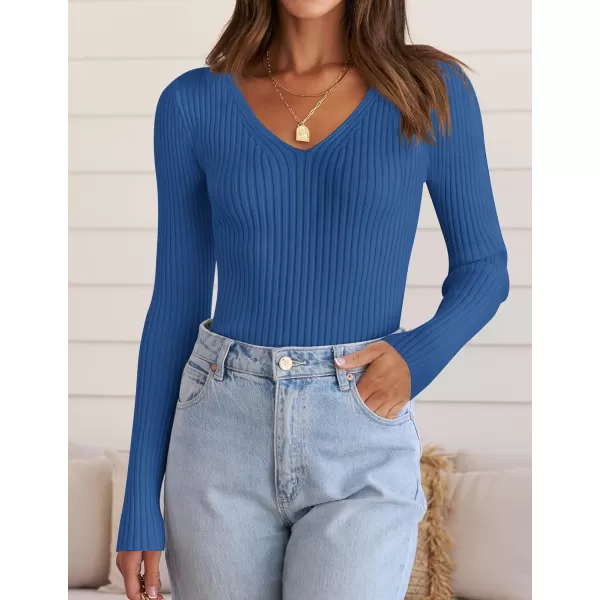imageZESICA Womens 2024 Fall Long Sleeve V Neck T Shirts Ribbed Knit Sweater Slim Fit Solid Basic Casual Tee TopsCobalt