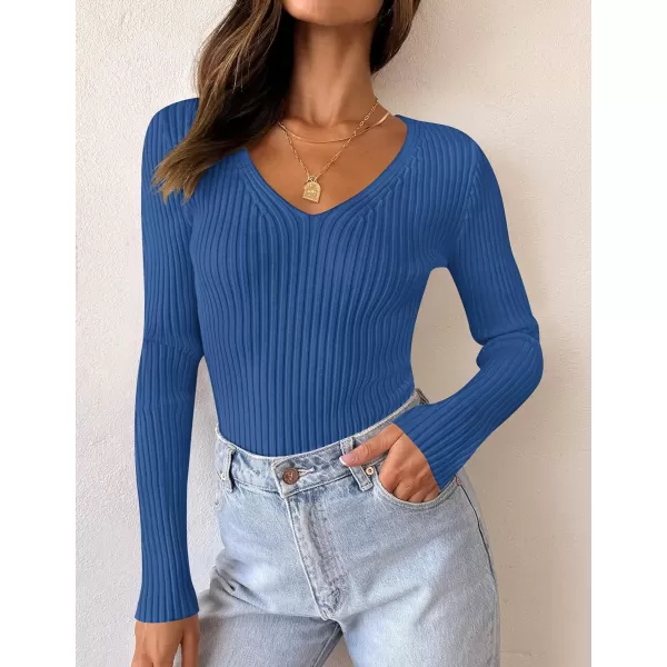 imageZESICA Womens 2024 Fall Long Sleeve V Neck T Shirts Ribbed Knit Sweater Slim Fit Solid Basic Casual Tee TopsCobalt
