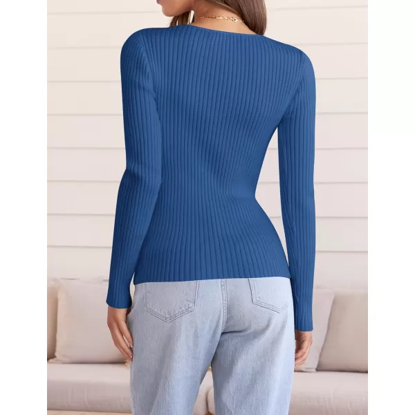 imageZESICA Womens 2024 Fall Long Sleeve V Neck T Shirts Ribbed Knit Sweater Slim Fit Solid Basic Casual Tee TopsCobalt