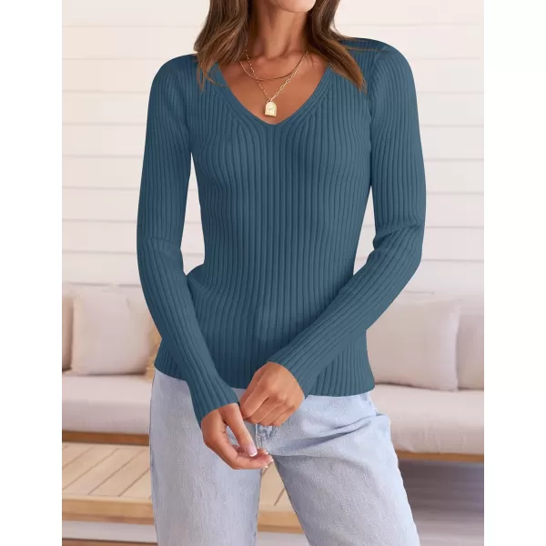 imageZESICA Womens 2024 Fall Long Sleeve V Neck T Shirts Ribbed Knit Sweater Slim Fit Solid Basic Casual Tee TopsDarkblue