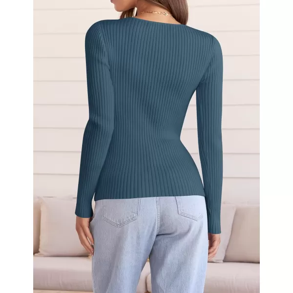 imageZESICA Womens 2024 Fall Long Sleeve V Neck T Shirts Ribbed Knit Sweater Slim Fit Solid Basic Casual Tee TopsDarkblue
