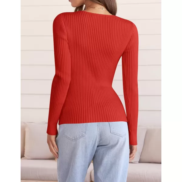imageZESICA Womens 2024 Fall Long Sleeve V Neck T Shirts Ribbed Knit Sweater Slim Fit Solid Basic Casual Tee TopsFirered