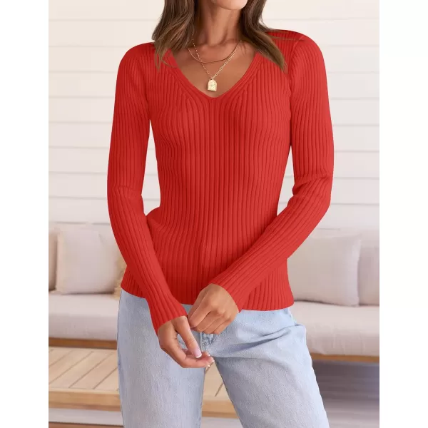 imageZESICA Womens 2024 Fall Long Sleeve V Neck T Shirts Ribbed Knit Sweater Slim Fit Solid Basic Casual Tee TopsFirered
