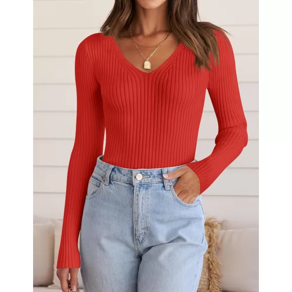 imageZESICA Womens 2024 Fall Long Sleeve V Neck T Shirts Ribbed Knit Sweater Slim Fit Solid Basic Casual Tee TopsFirered
