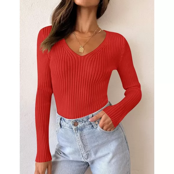 imageZESICA Womens 2024 Fall Long Sleeve V Neck T Shirts Ribbed Knit Sweater Slim Fit Solid Basic Casual Tee TopsFirered