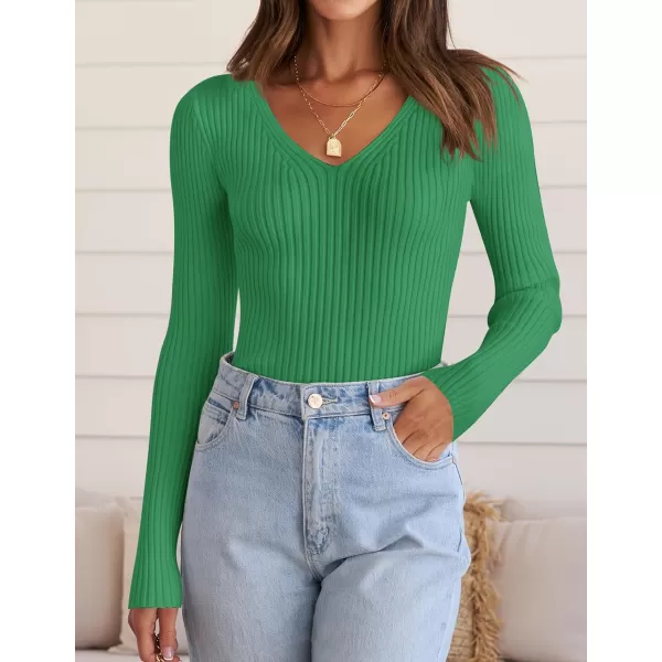 imageZESICA Womens 2024 Fall Long Sleeve V Neck T Shirts Ribbed Knit Sweater Slim Fit Solid Basic Casual Tee TopsGreen