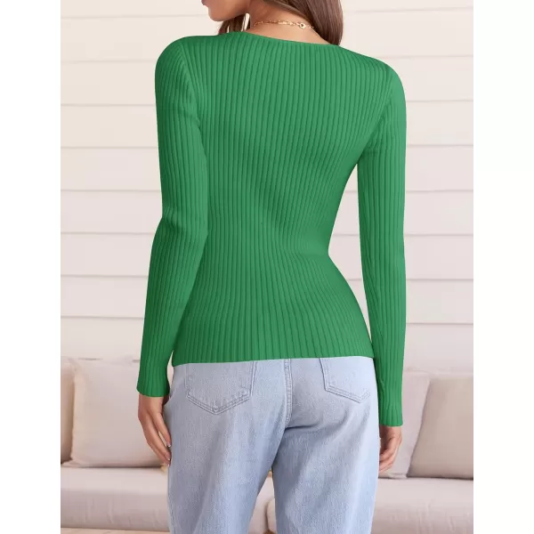 imageZESICA Womens 2024 Fall Long Sleeve V Neck T Shirts Ribbed Knit Sweater Slim Fit Solid Basic Casual Tee TopsGreen