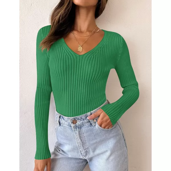 imageZESICA Womens 2024 Fall Long Sleeve V Neck T Shirts Ribbed Knit Sweater Slim Fit Solid Basic Casual Tee TopsGreen