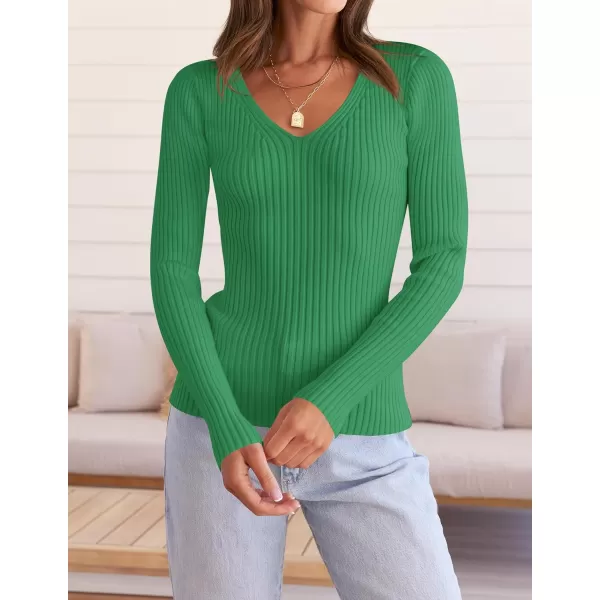 imageZESICA Womens 2024 Fall Long Sleeve V Neck T Shirts Ribbed Knit Sweater Slim Fit Solid Basic Casual Tee TopsGreen