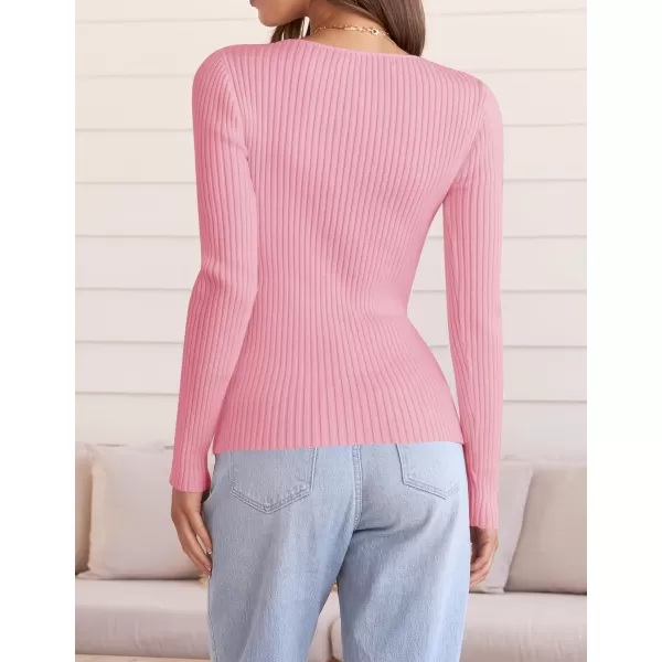 imageZESICA Womens 2024 Fall Long Sleeve V Neck T Shirts Ribbed Knit Sweater Slim Fit Solid Basic Casual Tee TopsHotpink