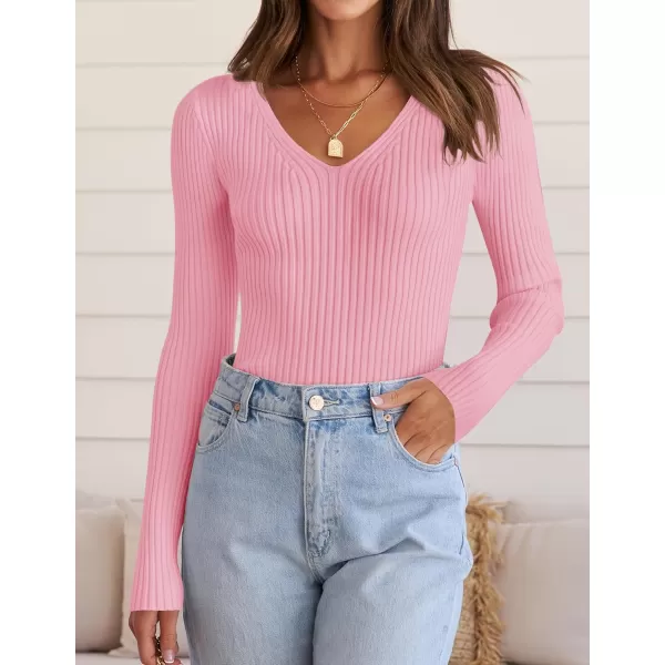 imageZESICA Womens 2024 Fall Long Sleeve V Neck T Shirts Ribbed Knit Sweater Slim Fit Solid Basic Casual Tee TopsHotpink