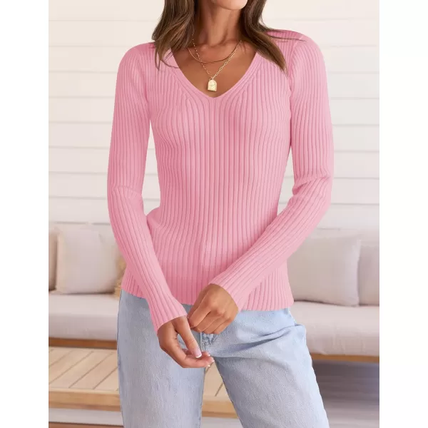 imageZESICA Womens 2024 Fall Long Sleeve V Neck T Shirts Ribbed Knit Sweater Slim Fit Solid Basic Casual Tee TopsHotpink