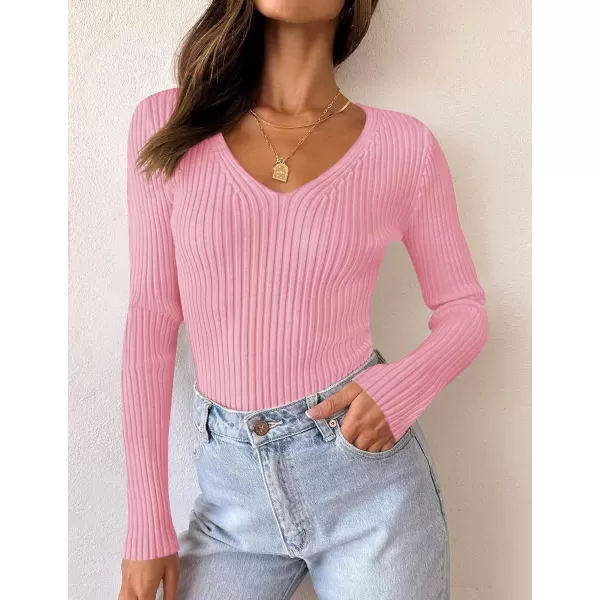 imageZESICA Womens 2024 Fall Long Sleeve V Neck T Shirts Ribbed Knit Sweater Slim Fit Solid Basic Casual Tee TopsHotpink