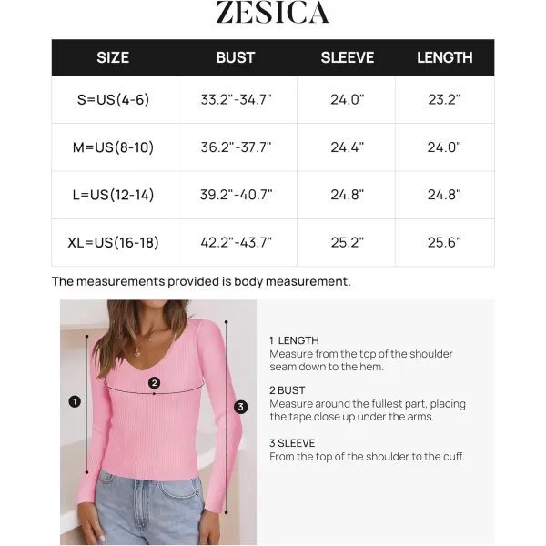 imageZESICA Womens 2024 Fall Long Sleeve V Neck T Shirts Ribbed Knit Sweater Slim Fit Solid Basic Casual Tee TopsHotpink