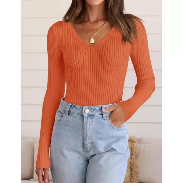 imageZESICA Womens 2024 Fall Long Sleeve V Neck T Shirts Ribbed Knit Sweater Slim Fit Solid Basic Casual Tee TopsOrange