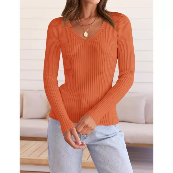 imageZESICA Womens 2024 Fall Long Sleeve V Neck T Shirts Ribbed Knit Sweater Slim Fit Solid Basic Casual Tee TopsOrange
