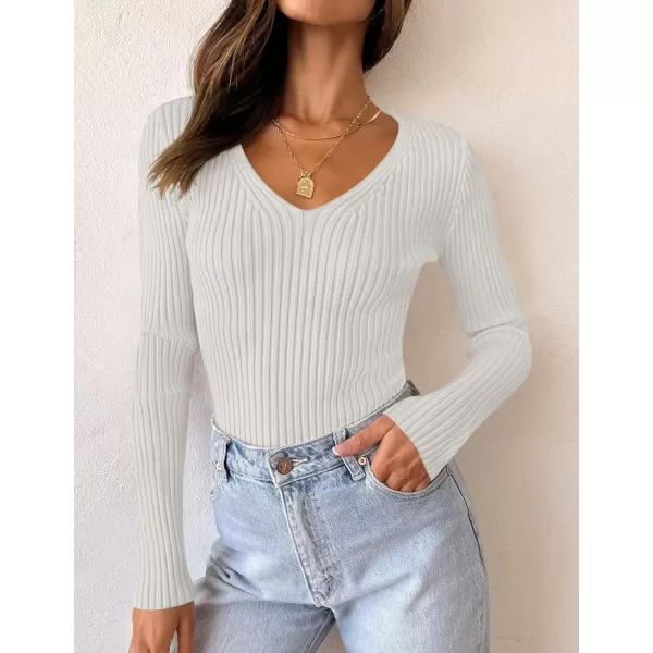 imageZESICA Womens 2024 Fall Long Sleeve V Neck T Shirts Ribbed Knit Sweater Slim Fit Solid Basic Casual Tee TopsWhite