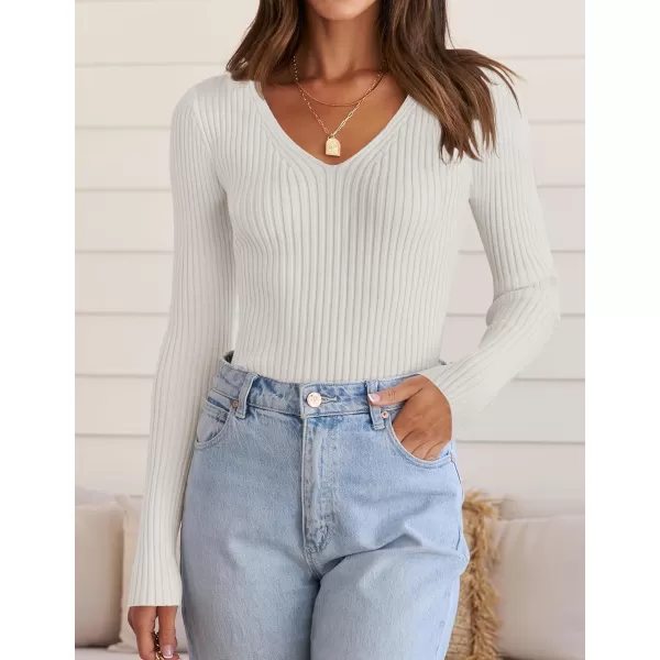 imageZESICA Womens 2024 Fall Long Sleeve V Neck T Shirts Ribbed Knit Sweater Slim Fit Solid Basic Casual Tee TopsWhite