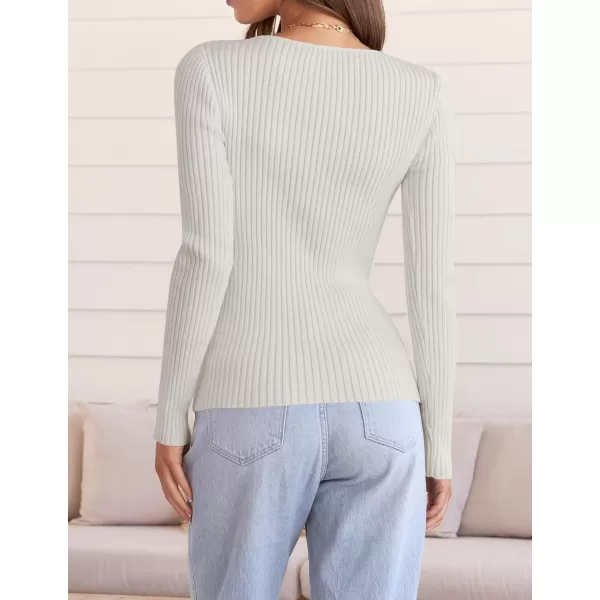 imageZESICA Womens 2024 Fall Long Sleeve V Neck T Shirts Ribbed Knit Sweater Slim Fit Solid Basic Casual Tee TopsWhite