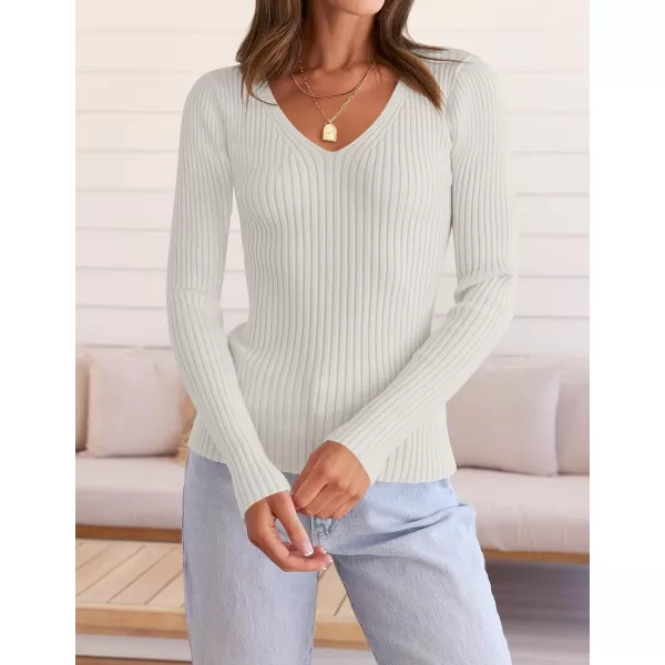 imageZESICA Womens 2024 Fall Long Sleeve V Neck T Shirts Ribbed Knit Sweater Slim Fit Solid Basic Casual Tee TopsWhite