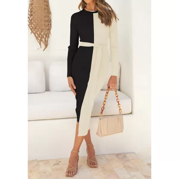 imageZESICA Womens 2024 Fall Ribbed Knit Sweater Dress Elegant Long Sleeve Crewneck Tie Waist Slim Fit Bodycon Midi DressesBlack