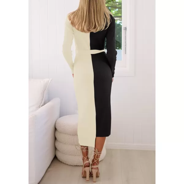 imageZESICA Womens 2024 Fall Ribbed Knit Sweater Dress Elegant Long Sleeve Crewneck Tie Waist Slim Fit Bodycon Midi DressesBlack