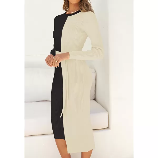 imageZESICA Womens 2024 Fall Ribbed Knit Sweater Dress Elegant Long Sleeve Crewneck Tie Waist Slim Fit Bodycon Midi DressesBlack