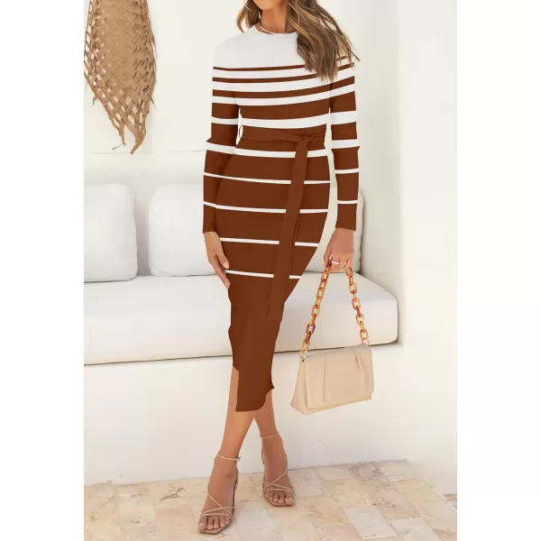 imageZESICA Womens 2024 Fall Ribbed Knit Sweater Dress Elegant Long Sleeve Crewneck Tie Waist Slim Fit Bodycon Midi DressesCaramel
