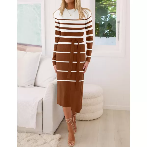 imageZESICA Womens 2024 Fall Ribbed Knit Sweater Dress Elegant Long Sleeve Crewneck Tie Waist Slim Fit Bodycon Midi DressesCaramel