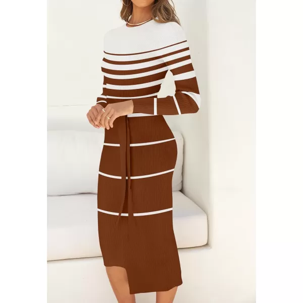 imageZESICA Womens 2024 Fall Ribbed Knit Sweater Dress Elegant Long Sleeve Crewneck Tie Waist Slim Fit Bodycon Midi DressesCaramel