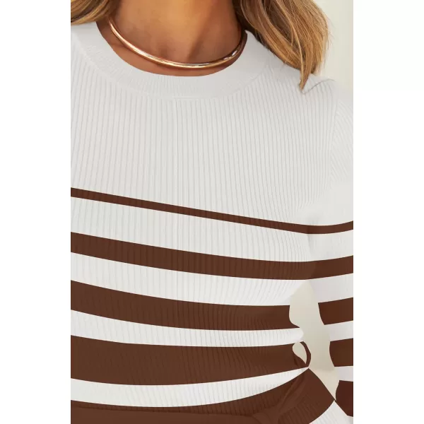 imageZESICA Womens 2024 Fall Ribbed Knit Sweater Dress Elegant Long Sleeve Crewneck Tie Waist Slim Fit Bodycon Midi DressesCaramel