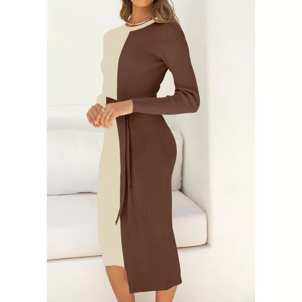 imageZESICA Womens 2024 Fall Ribbed Knit Sweater Dress Elegant Long Sleeve Crewneck Tie Waist Slim Fit Bodycon Midi DressesCoffee
