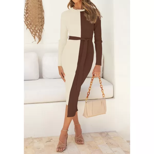 imageZESICA Womens 2024 Fall Ribbed Knit Sweater Dress Elegant Long Sleeve Crewneck Tie Waist Slim Fit Bodycon Midi DressesCoffee