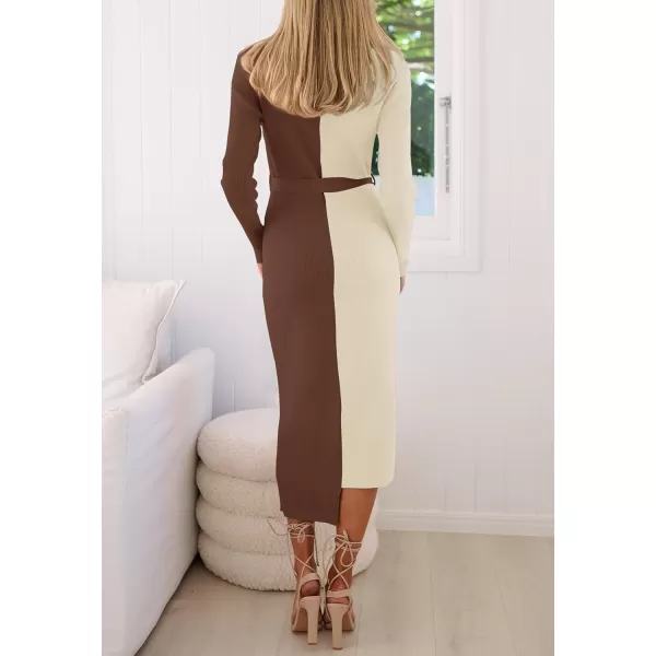 imageZESICA Womens 2024 Fall Ribbed Knit Sweater Dress Elegant Long Sleeve Crewneck Tie Waist Slim Fit Bodycon Midi DressesCoffee