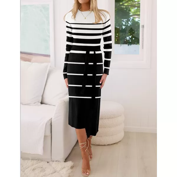 imageZESICA Womens 2024 Fall Ribbed Knit Sweater Dress Elegant Long Sleeve Crewneck Tie Waist Slim Fit Bodycon Midi DressesDim