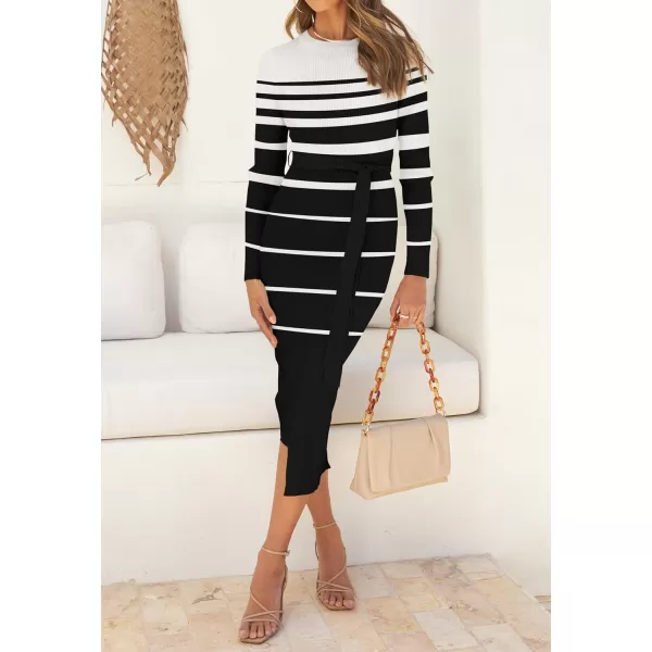 imageZESICA Womens 2024 Fall Ribbed Knit Sweater Dress Elegant Long Sleeve Crewneck Tie Waist Slim Fit Bodycon Midi DressesDim