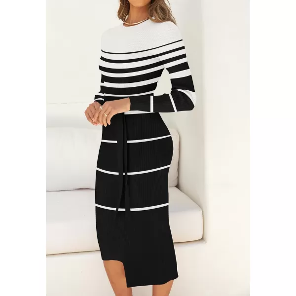 imageZESICA Womens 2024 Fall Ribbed Knit Sweater Dress Elegant Long Sleeve Crewneck Tie Waist Slim Fit Bodycon Midi DressesDim