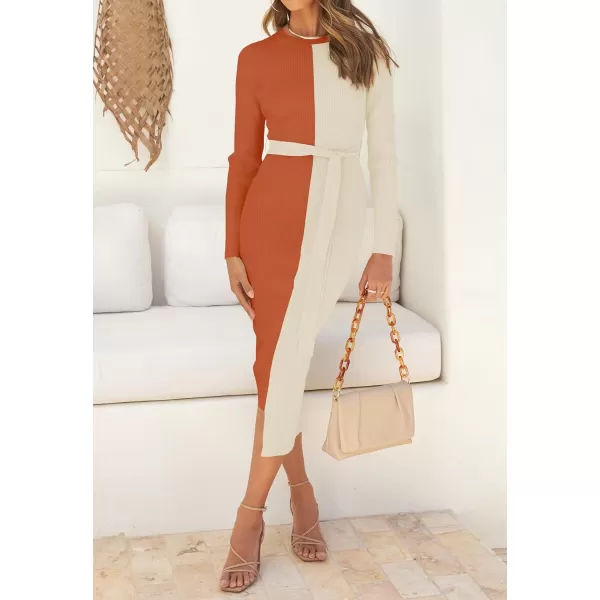 imageZESICA Womens 2024 Fall Ribbed Knit Sweater Dress Elegant Long Sleeve Crewneck Tie Waist Slim Fit Bodycon Midi DressesOrange