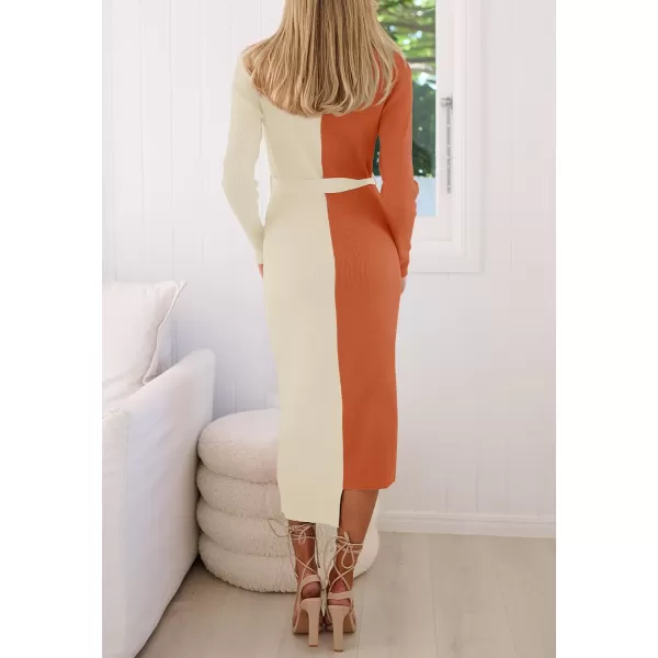 imageZESICA Womens 2024 Fall Ribbed Knit Sweater Dress Elegant Long Sleeve Crewneck Tie Waist Slim Fit Bodycon Midi DressesOrange