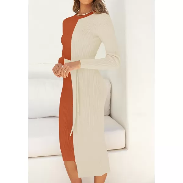 imageZESICA Womens 2024 Fall Ribbed Knit Sweater Dress Elegant Long Sleeve Crewneck Tie Waist Slim Fit Bodycon Midi DressesOrange