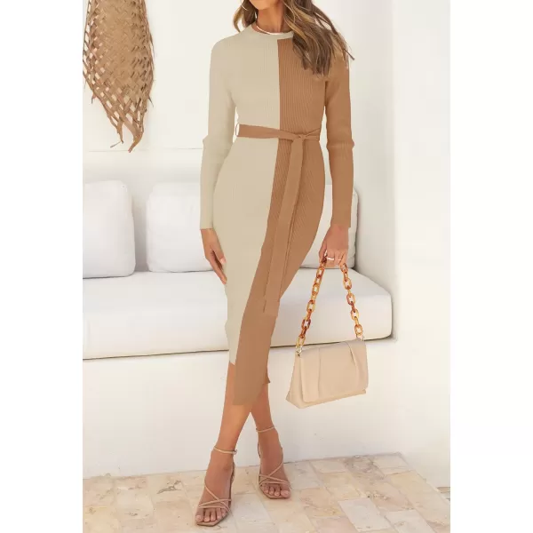 imageZESICA Womens 2024 Fall Ribbed Knit Sweater Dress Elegant Long Sleeve Crewneck Tie Waist Slim Fit Bodycon Midi DressesTaupe
