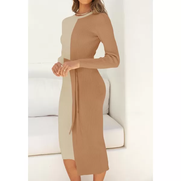 imageZESICA Womens 2024 Fall Ribbed Knit Sweater Dress Elegant Long Sleeve Crewneck Tie Waist Slim Fit Bodycon Midi DressesTaupe