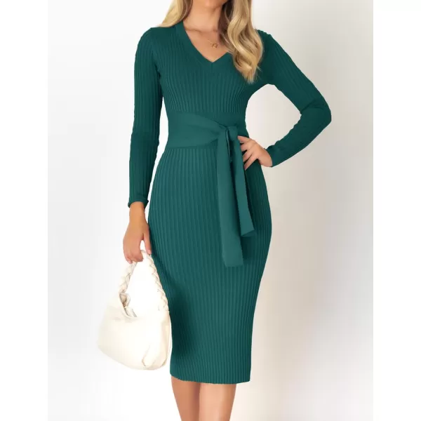 imageZESICA Womens 2024 Fall Sweater Dress V Neck Long Sleeve Ribbed Knit Tie Waist Slim Fit Bodycon Midi DressesDarkgreen