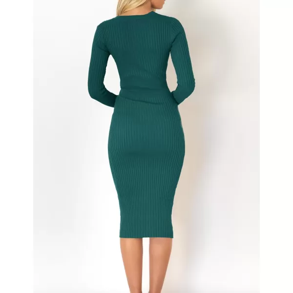 imageZESICA Womens 2024 Fall Sweater Dress V Neck Long Sleeve Ribbed Knit Tie Waist Slim Fit Bodycon Midi DressesDarkgreen