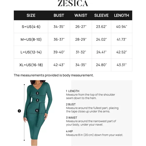 imageZESICA Womens 2024 Fall Sweater Dress V Neck Long Sleeve Ribbed Knit Tie Waist Slim Fit Bodycon Midi DressesDarkgreen
