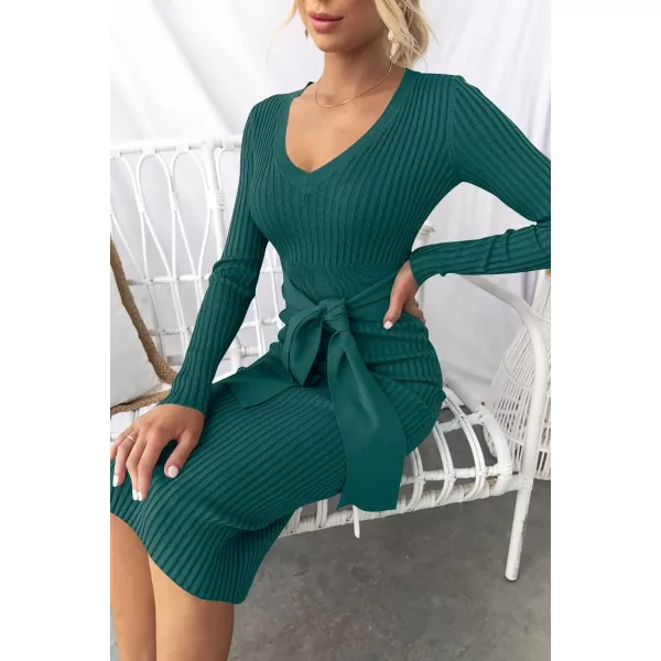 imageZESICA Womens 2024 Fall Sweater Dress V Neck Long Sleeve Ribbed Knit Tie Waist Slim Fit Bodycon Midi DressesDarkgreen