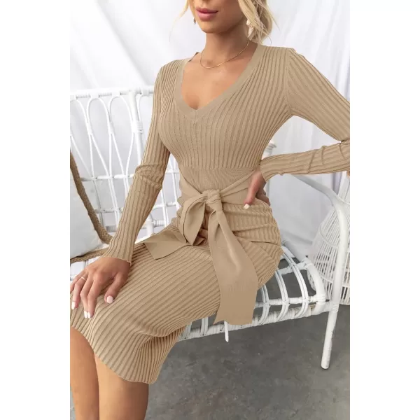 imageZESICA Womens 2024 Fall Sweater Dress V Neck Long Sleeve Ribbed Knit Tie Waist Slim Fit Bodycon Midi DressesKhaki