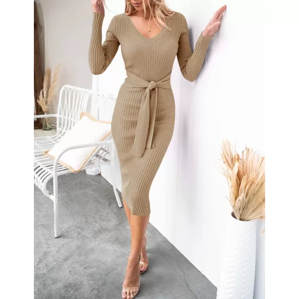 imageZESICA Womens 2024 Fall Sweater Dress V Neck Long Sleeve Ribbed Knit Tie Waist Slim Fit Bodycon Midi DressesKhaki