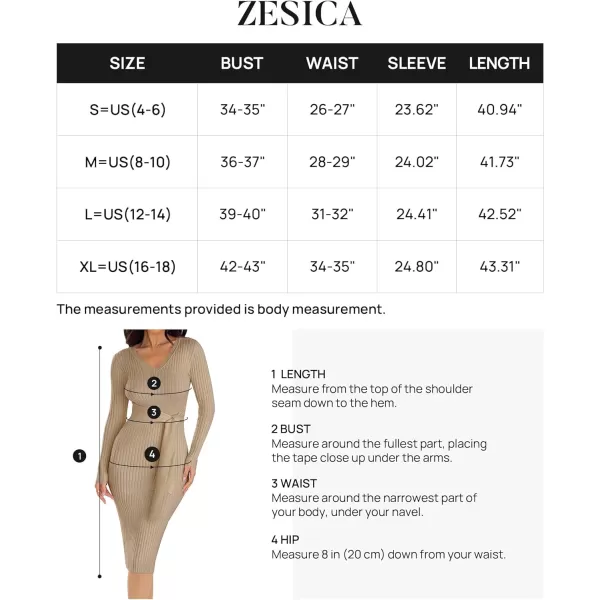 imageZESICA Womens 2024 Fall Sweater Dress V Neck Long Sleeve Ribbed Knit Tie Waist Slim Fit Bodycon Midi DressesKhaki