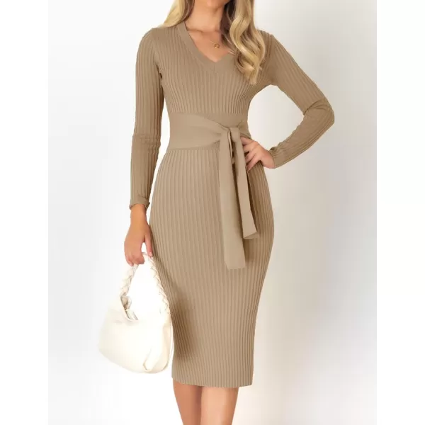 imageZESICA Womens 2024 Fall Sweater Dress V Neck Long Sleeve Ribbed Knit Tie Waist Slim Fit Bodycon Midi DressesKhaki